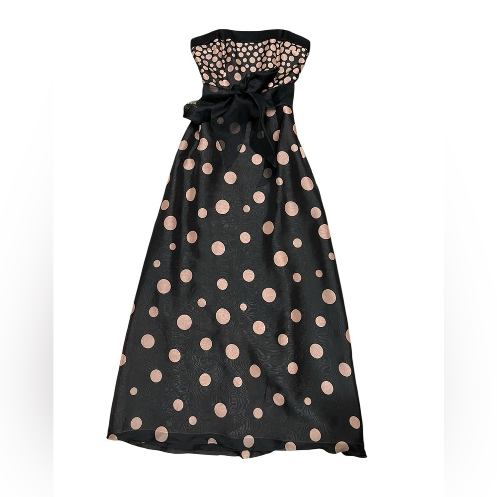 Kay Unger Black and Pink Polka Dot Strapless Gown